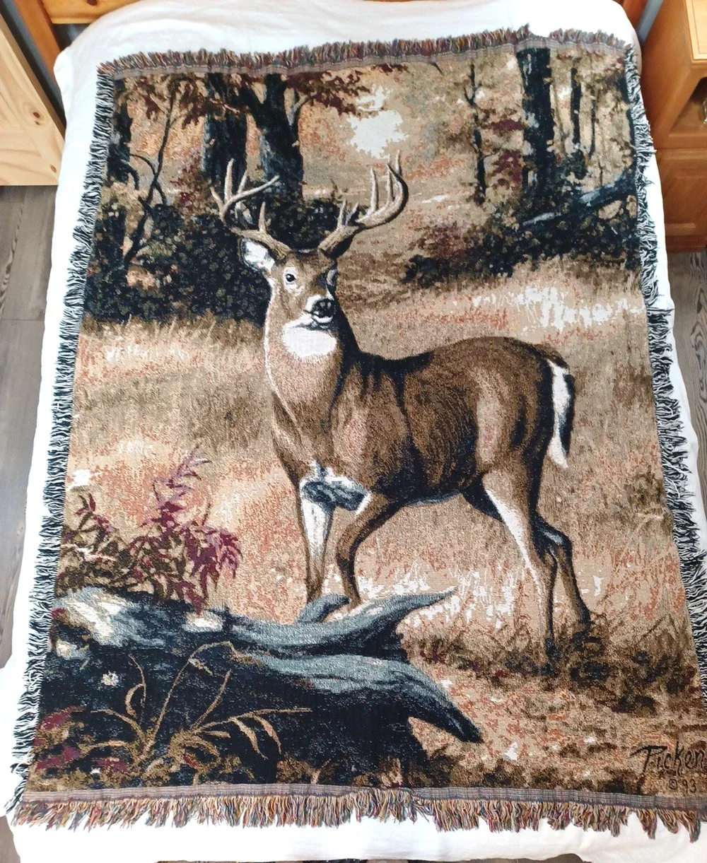 VTG Picken '93 Deer Buck Throw Tapestry Fringe Blanket Wall 50x65 Cabin Hunting